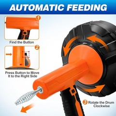 Auto Feed Drain Auger with Gloves, 33 Ft Drain Snake Hair Clog Remover