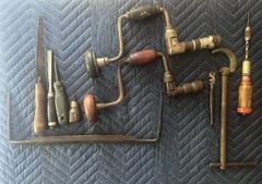 Misc. vintage wood handled tools and large pipe threading kit in wooden box