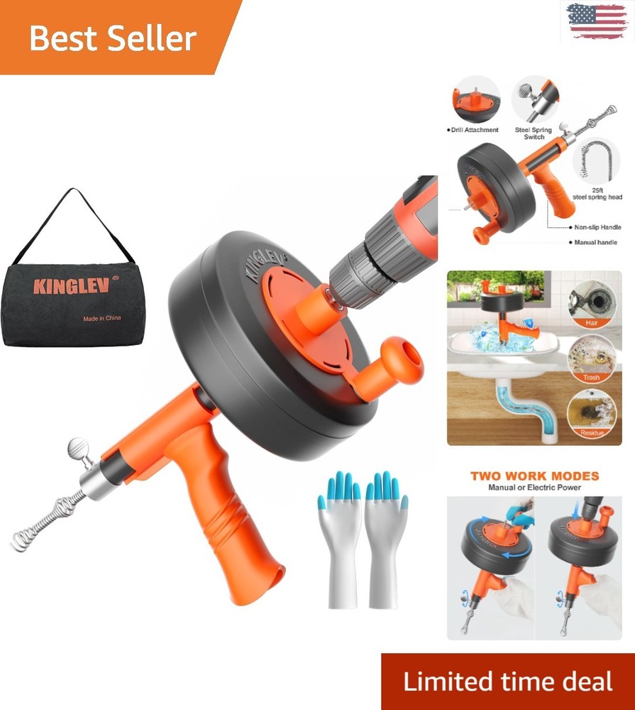Durable 25ft Drain Auger with Carry Bag & Gloves &ndash; Efficient Home Drain Cleaning