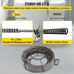 75ft x 3/8 inch Solid Core Cable Sewer Cable, Drain Auger Cable Cleaner, Snake C
