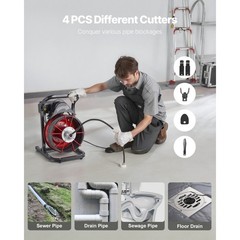 Drain Cleaner Machine Drain Auger 75FT x 1/2 Inch Manual Feed & 4 Cutters