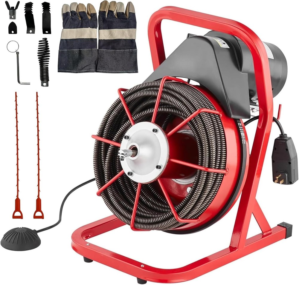 75FT x 1/2 Inch Drain Cleaner Machine Drain Auger Manual Feed & 6 Cutters