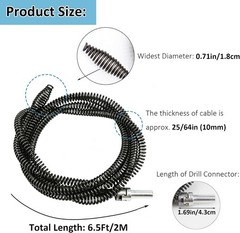 Drain Auger Snake Cable with Drill Adapter 6.5 Ft Heavy Duty