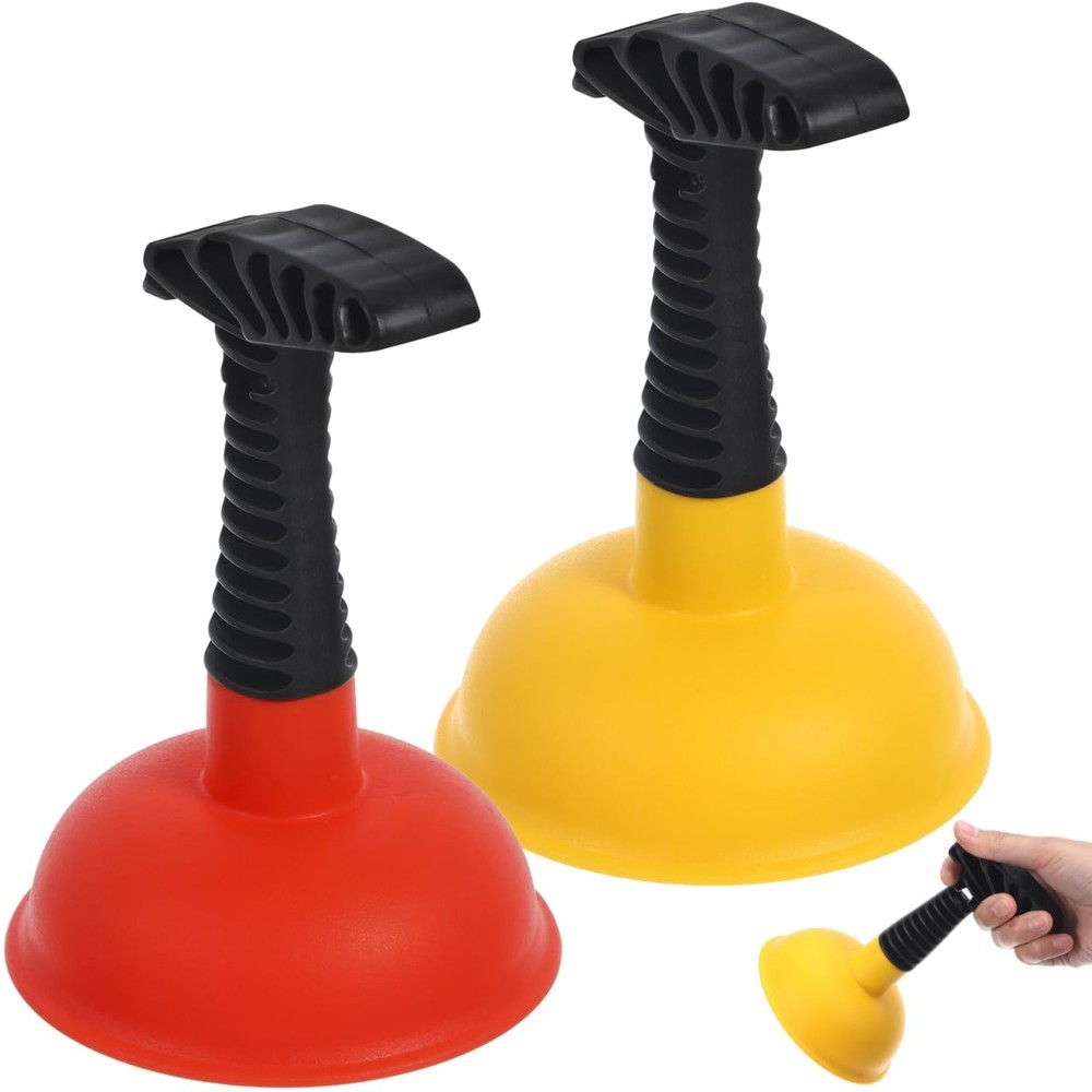 2 PCS Mini Sink Plunger Short Handle Powerful Drain Unclogger Yellow Red Set