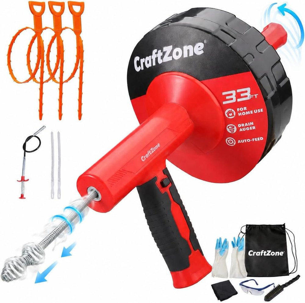 Drain Auger 33 Ft with Easy Cable Rewind System, Plumbing Snake with Drill Adapt