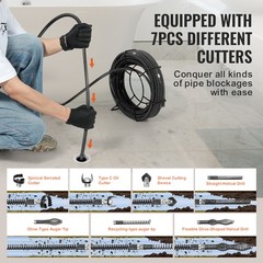 VEVOR Sectional Drain Cleaning Cable 100FTx5/8In & 7 Cutters for 0.8&Prime;-3.9&Prime; Pipes