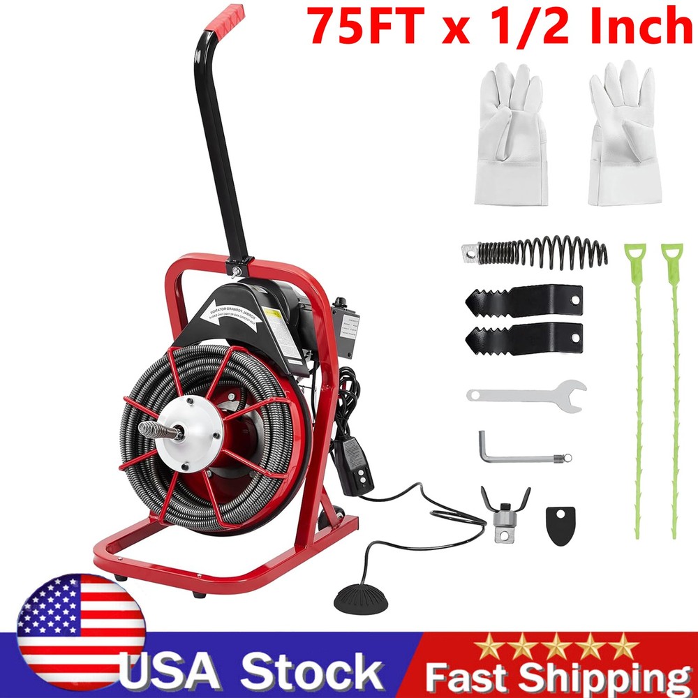 Drain Cleaner Machine Drain Auger 75FT x 1/2 Inch Manual Feed & 4 Cutters