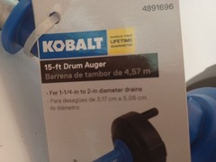 Kobalt 1/4&Prime; x 15-ft Carbon Wire Hand Drain Auger 1-1/4&Prime;-2&Prime; Drains NWT