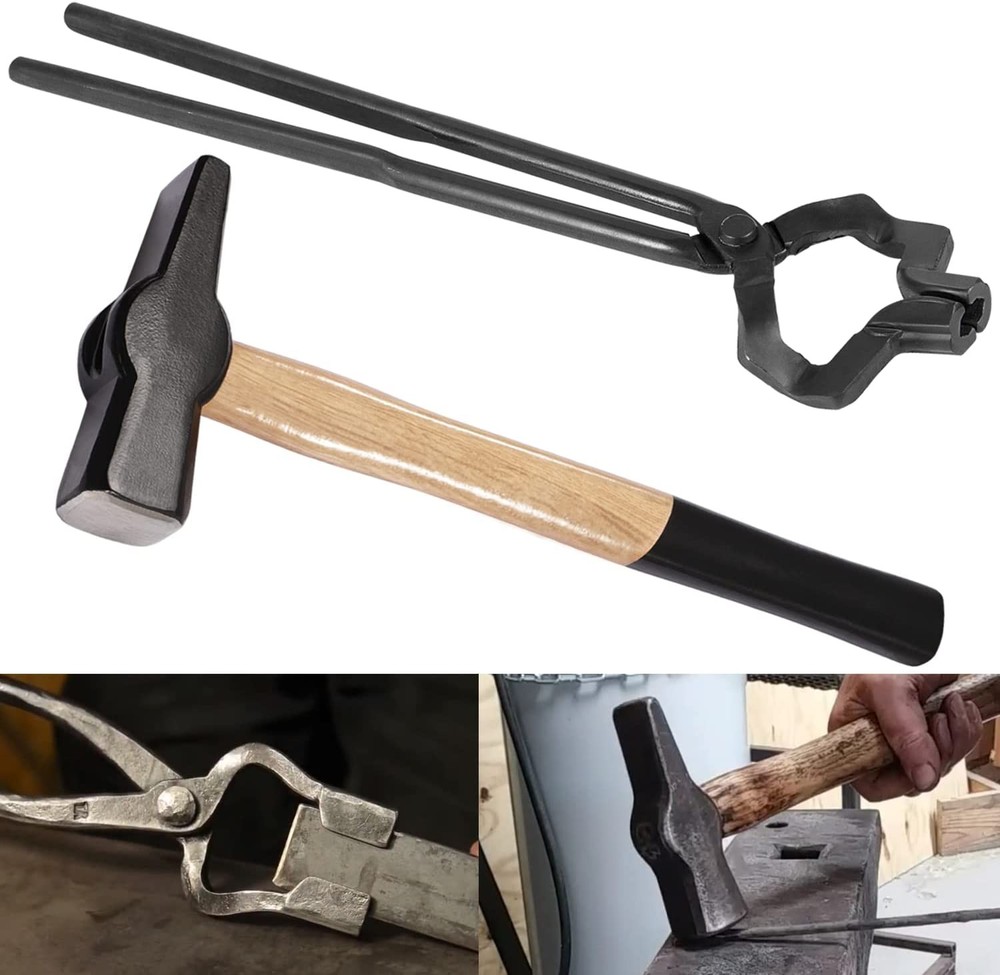16&Prime; Z V-Bit Tongs and 1.5KG Blacksmith Hammer Set For Anvil Knife Making Forge