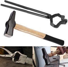 16&Prime; Z V-Bit Tongs and 1.5KG Blacksmith Hammer Set For Anvil Knife Making Forge