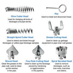 7 Pcs Drain Cleaner Combination Cutter Head Set 16mm Snake silvery
