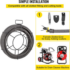 Drain Cleaning Cable 100 FT X 3/8 Inch, Solid Core Steel Sewer Cable with 4 Cutt