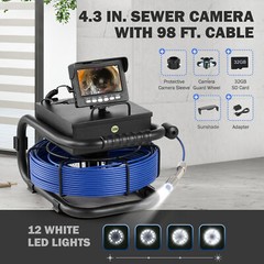 4.3 in. Sewer Inspection Camera w 98FT/30M Cable Rechargeable Battery for Pipe