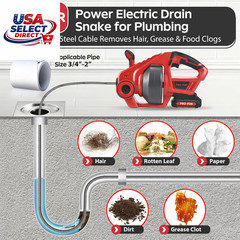 20V Cordless Electric Drain Auger, 25FT Auto-Feed Snake, LED Light