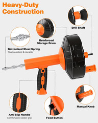 Drain Auger 25 Ft, Auto Feed Plumbing Snake Hair Clog Remover with Drill Adapter