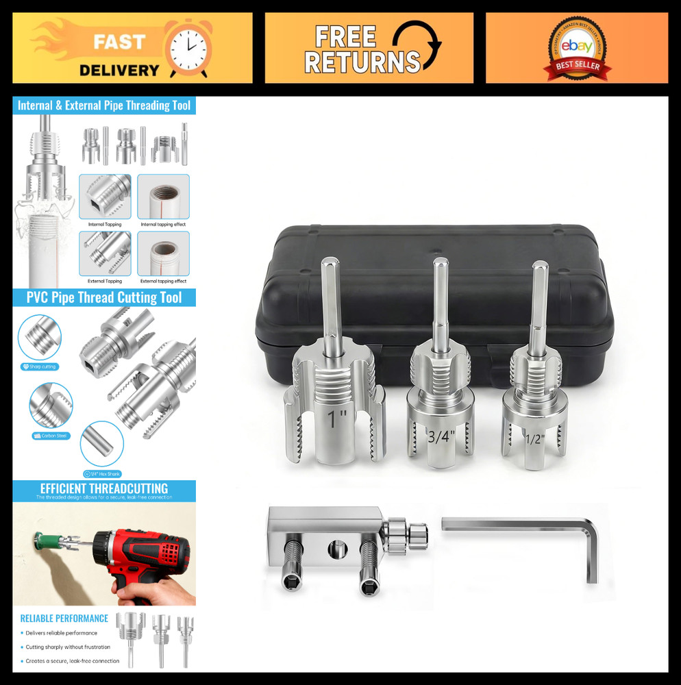 5-Piece Pipe Threading Tool Kit with 1/2&Prime; 3/4&Prime; 1&Prime; Dies, Bolt Extractor, Steel Ca