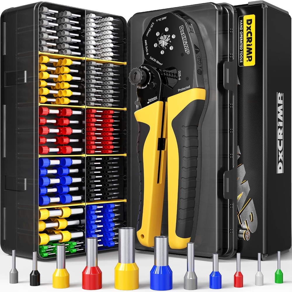 Hex Ferrule Crimping Tool Kit, AWG 24-4 (0.25-25mm&sup2;) Self-Adjusting Ratcheting W