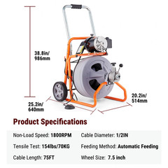 75FT x 1/2 In Drain Cleaner Machine, 2&Prime;-4&Prime; Pipes Auto Feed Electric Drain Auger
