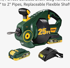 TECCPO 20V Li-Ion Cordless Drain Auger Plumbing Snake, 25 ft Cable