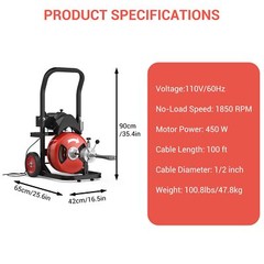 Electric Drain Cleaner Machine 75FT x 1/2 Inch 450W Auto Feed Sewer Snake Auger