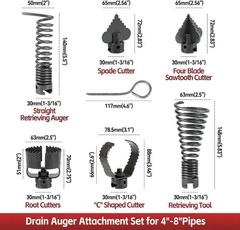 7PCS Drain Auger Attachment Set for 1-1/4&rdquo;, 6/5&rdquo; and 1-1/2&rdquo;Cable, Fits for K-100