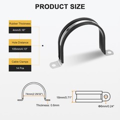 14Pcs 74mm(2-29/32&Prime;) Stainless Steel Rubber 2 Hole U-Tube Strap Clamp, Black