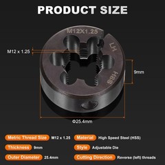 HSS M12 x 1.25 Metric Machine Thread Round Die Left Hand High Speed Steel