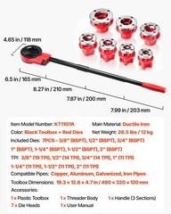 VEVOR Ratchet Pipe Threader Kit Pipes Threader with 7 Dies 3/8&Prime; BSPT to 2&Prime; BSPT