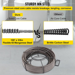 Drain Cleaning Cable 100 FT 3/8 Inch Solid Steel with 4 Cutters