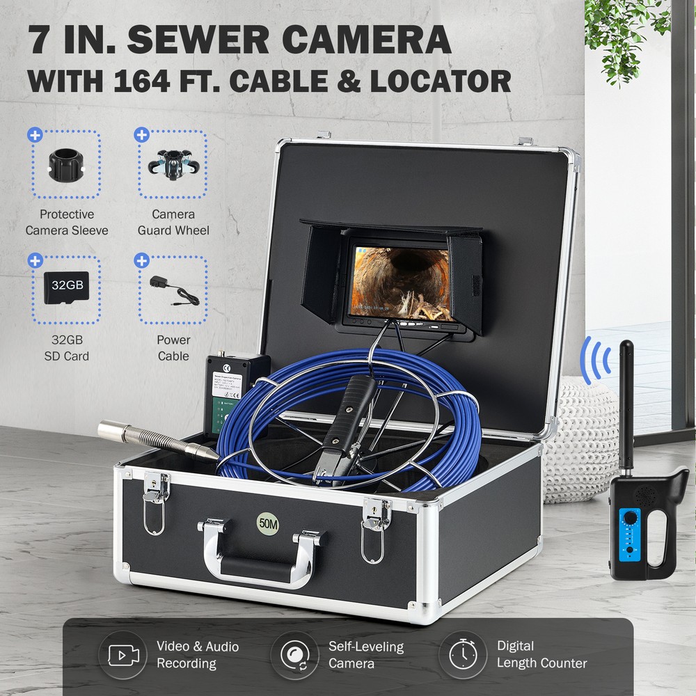 7&Prime; Self-Leveling Sewer Inspection Camera 164ft/50m Sewer Camera w 512Hz Locator