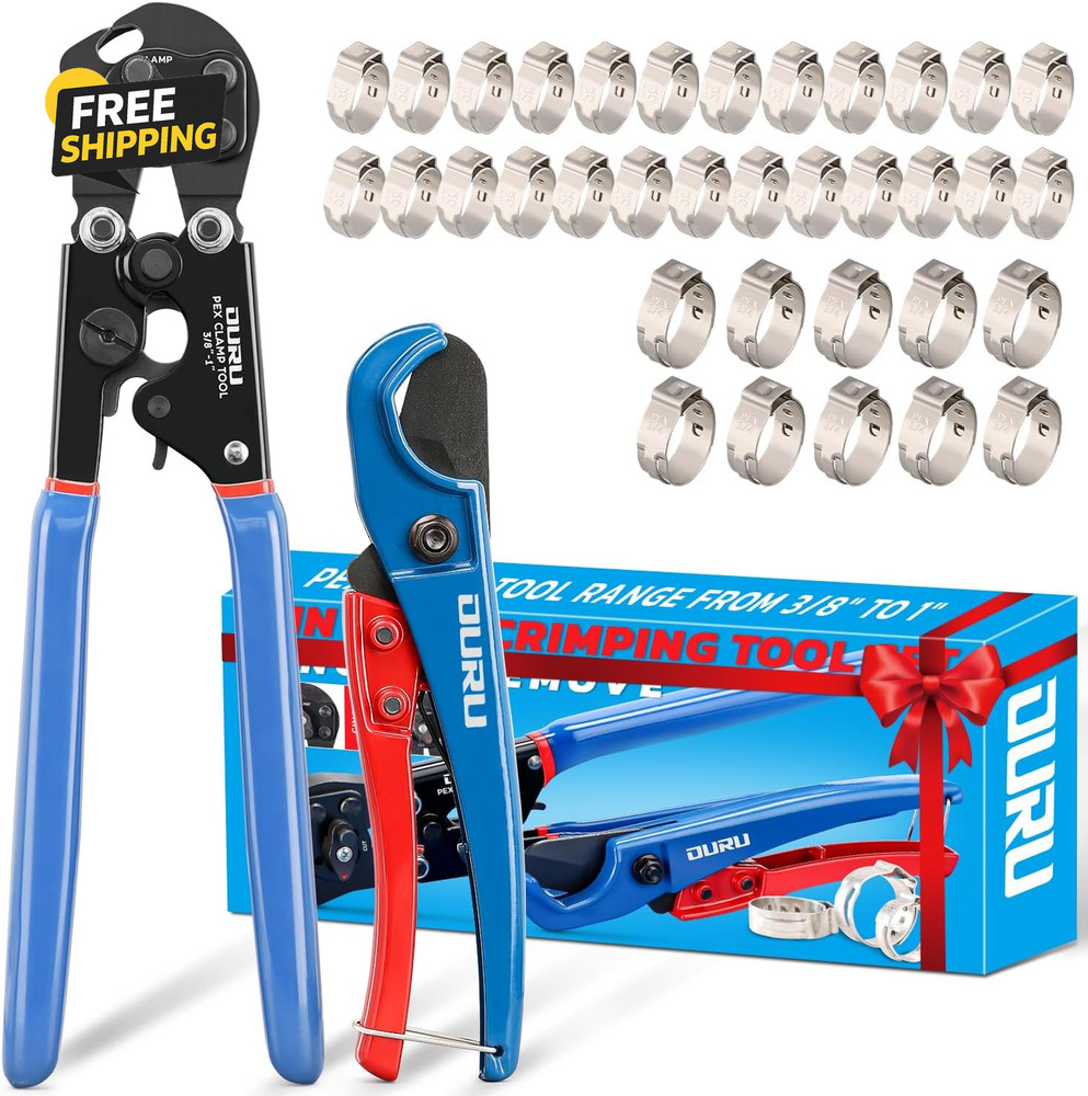 2 in 1 PEX Crimp Tool Ratchet Cinch Clamp Kit 3/8&Prime;-1&Prime; w/ Cutter & 35 Clamps