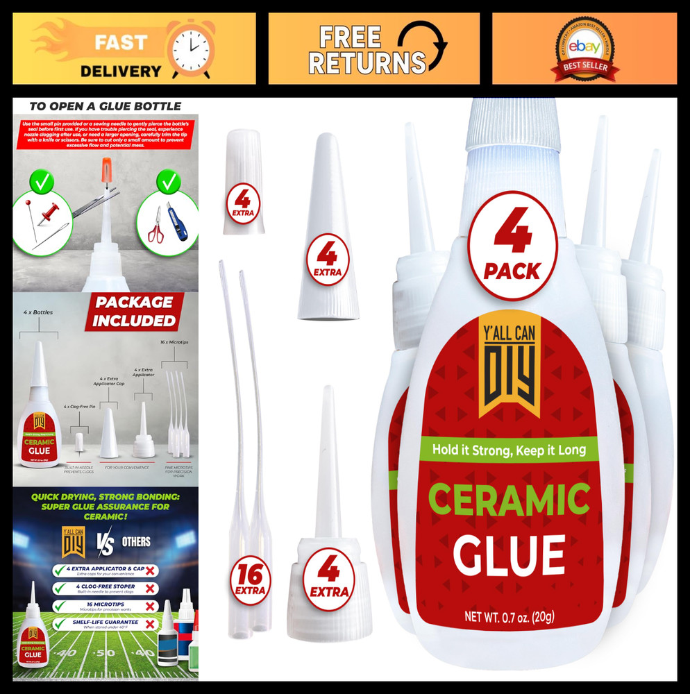 Waterproof Super Glue for Ceramic, Pottery Repair &ndash; 4 Pack, No Smell, 20g