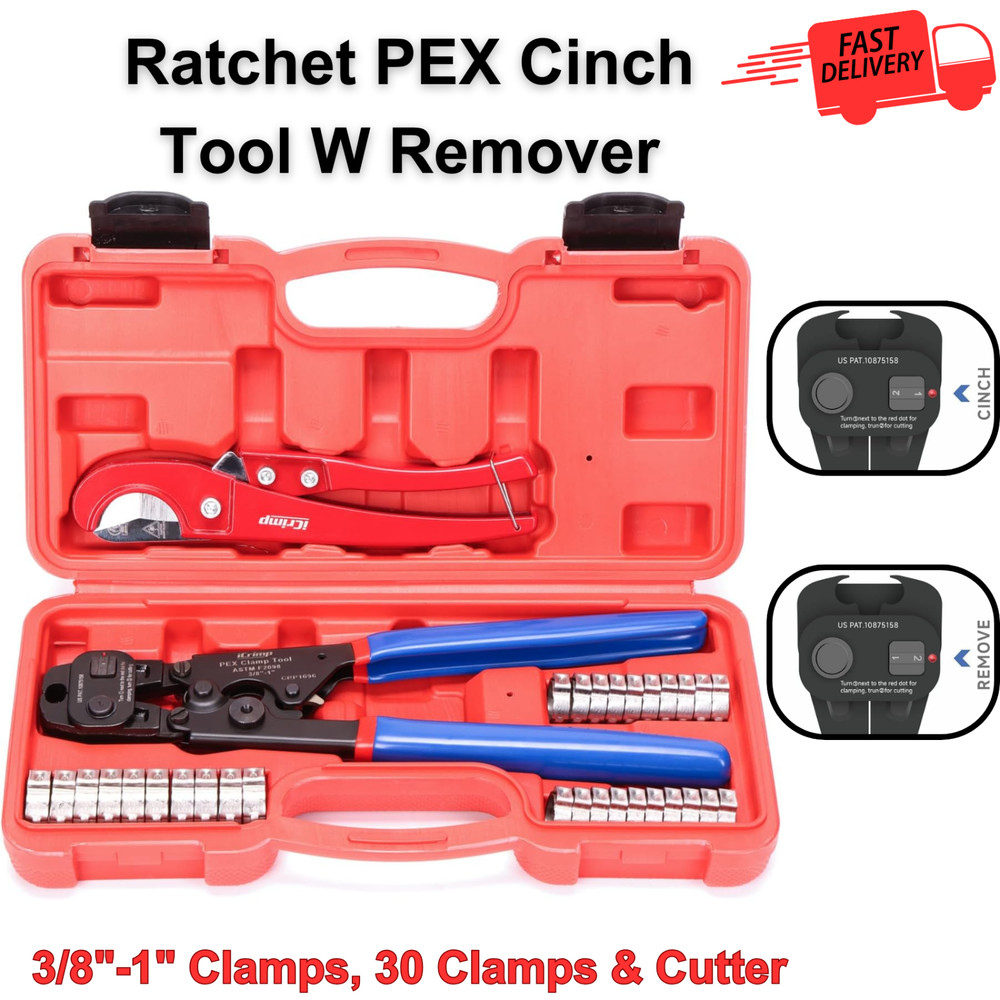 Ratchet PEX Cinch Tool For 3/8&Prime;-1&Prime; Clamps, PEX Crimper, 30 Clamps & Pipe Cutter