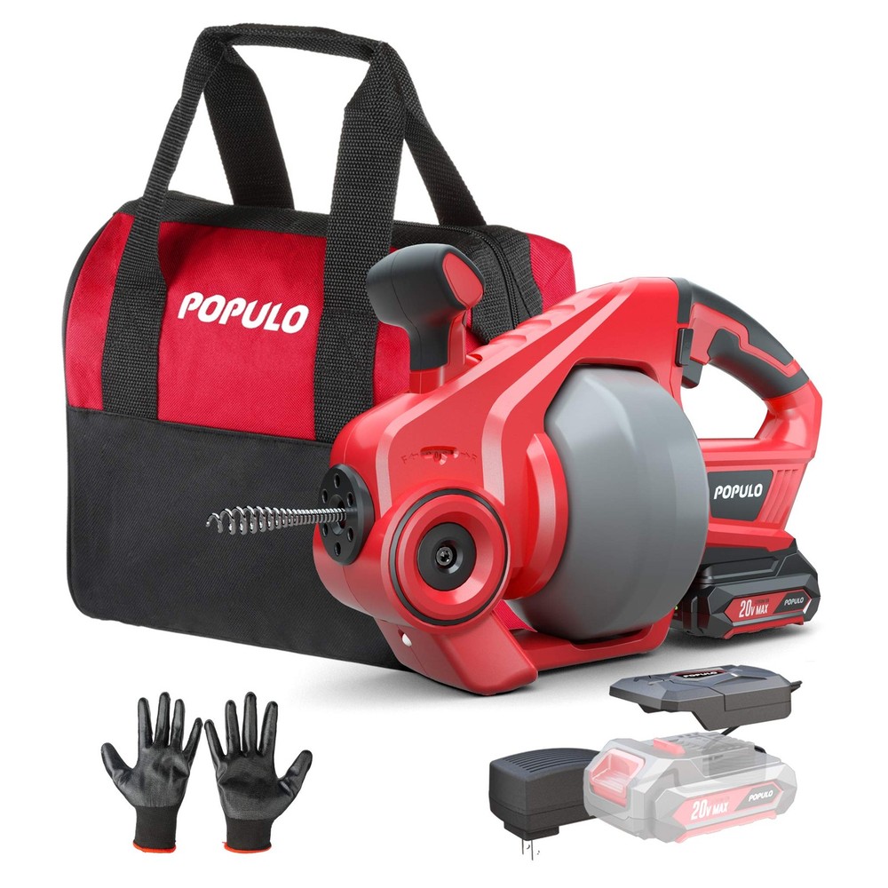 POPULO 20V Cordless Electric Drain Auger-Efficient 25Ft Auto-Feed Red