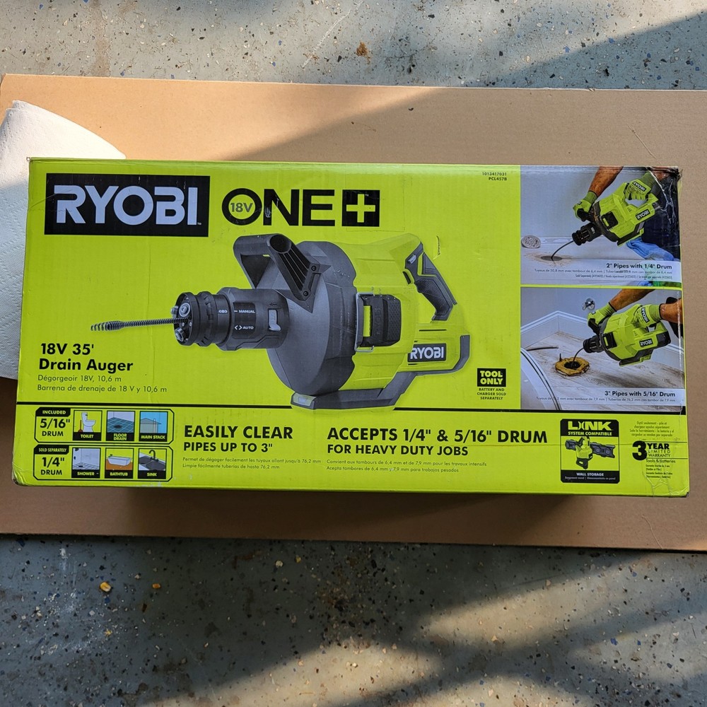 Ryobi PCL457 Cordless Drain Auger with 35 ft Cable Auto Feed/Retract &ndash; Tool Only