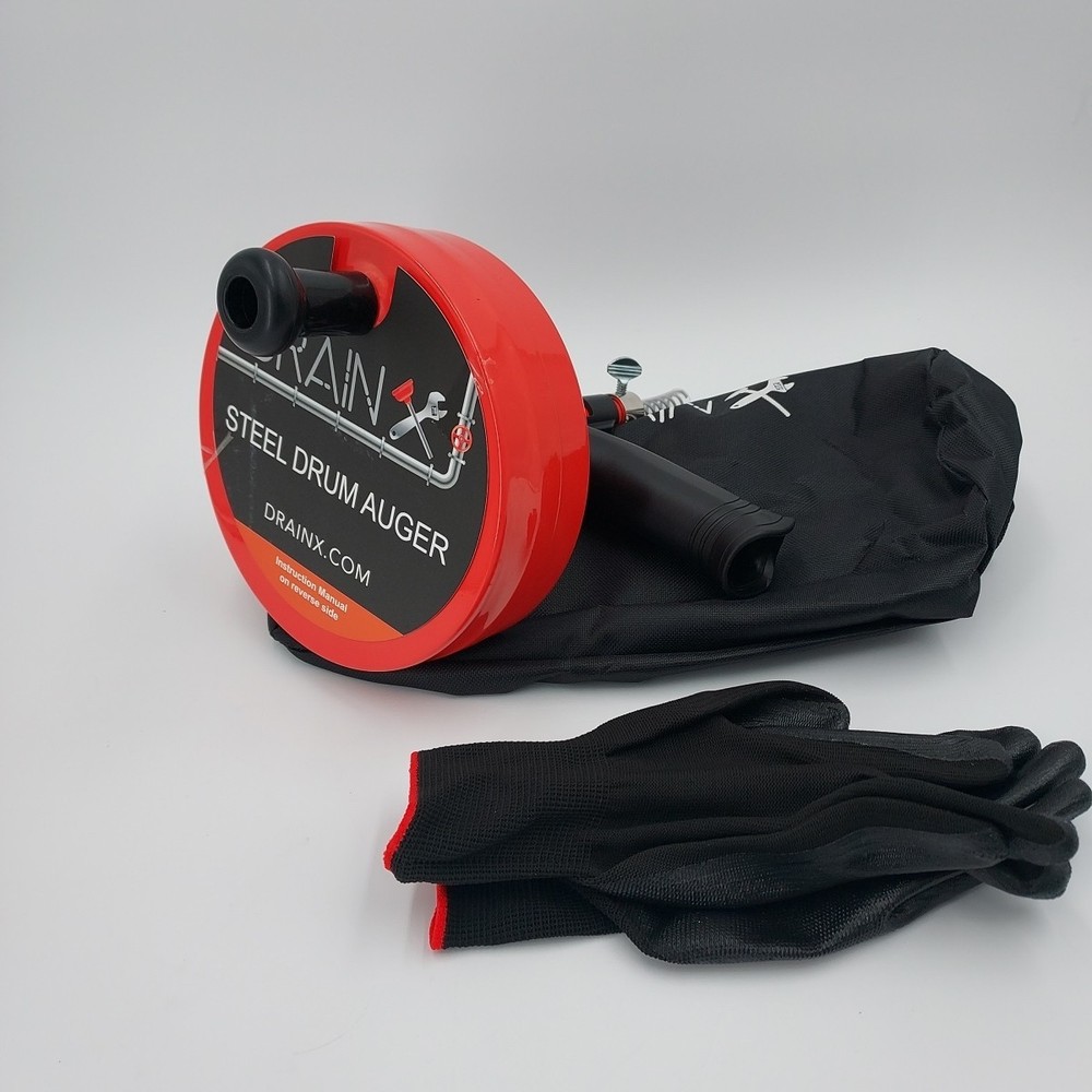 DrainX&reg; Heavy-Duty-Steel Pro Drum Drain Auger, 25 Ft., Drain Snake, gloves ,Case