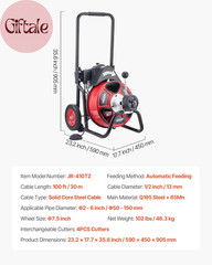 Drain Cleaner Machine 100 FT X 1/2 Inch, Auto Feed Sewer Snake Auger on Wheels,