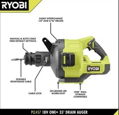 RYOBI ONE+ 18V Cordless Drain Auger, Clog Remover Tool w 35 ft Cable