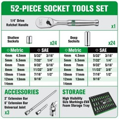 SK 1/4&Prime; Drive Socket Set with 90-Tooth Ratchet, 52-Piece, SAE & Metric, Super&hellip;