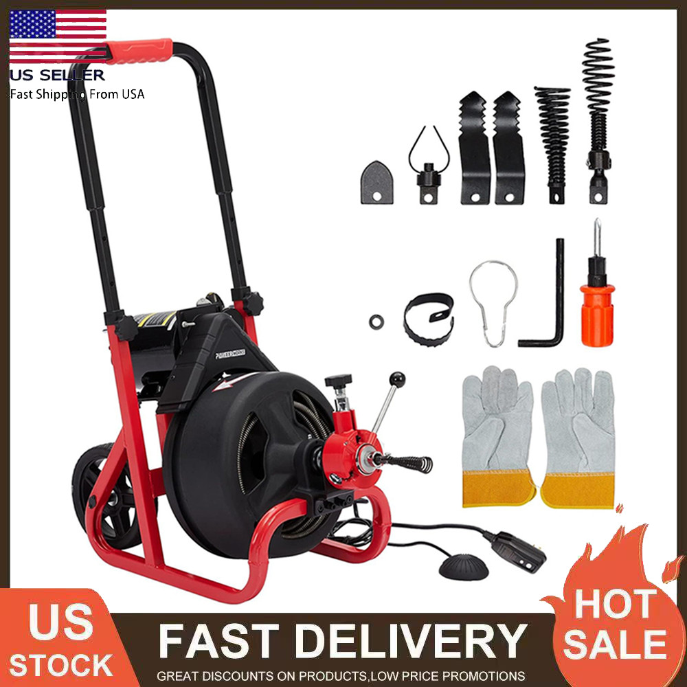 75Ft x 1/2 Inch Drain Cleaner Machine Electric Drain Auger Auto Feed W/ Cutters
