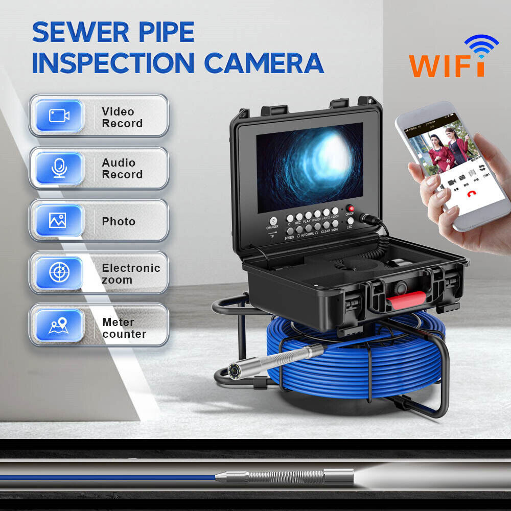 9&rdquo; 50M HD WIFI Sewer Camera Pipe Inspection Camera Meter Counter 17mm Video DVR