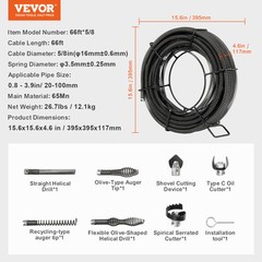 VEVOR Sectional Drain Cleaning Cable 66FTx5/8In & 7 Cutters for 0.8&Prime;-3.9&Prime; Pipes
