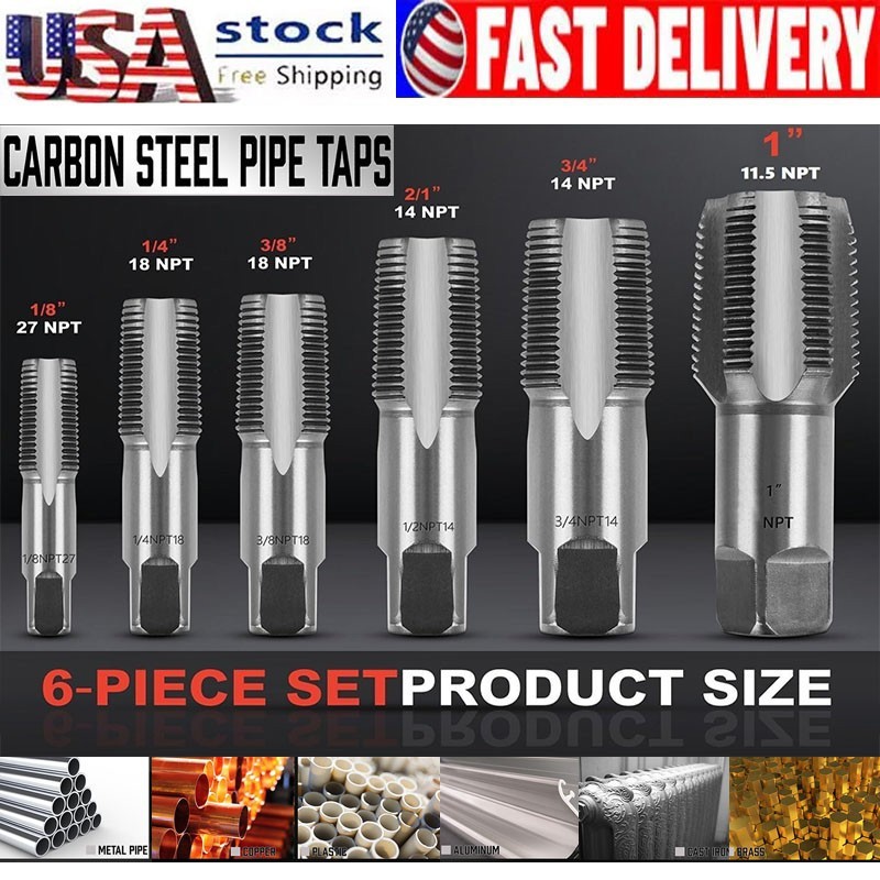6 Piece NPT Taper Pipe Tap Set Carbon Steel Thread 1/8&Prime; 1/4&Prime; 3/8&Prime; 1/2&Prime; 3/4&Prime; 1&Prime;