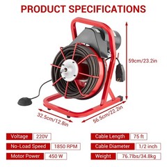 75FT x 1/2 Inch Drain Cleaner Machine, Drain Auger Manual Feed, 370W Electric&hellip;
