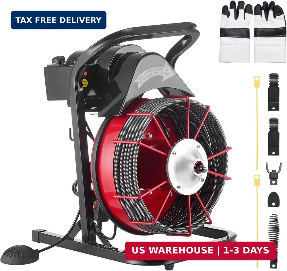 VEVOR Drain Cleaner Machine 75 FT x 1/2 Inch, Sewer Snake Auger Manual Feed with
