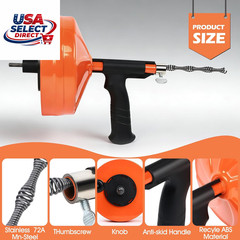 50 Ft Drain Auger, Manual or Drill Powered Plumbing Snake with Gloves