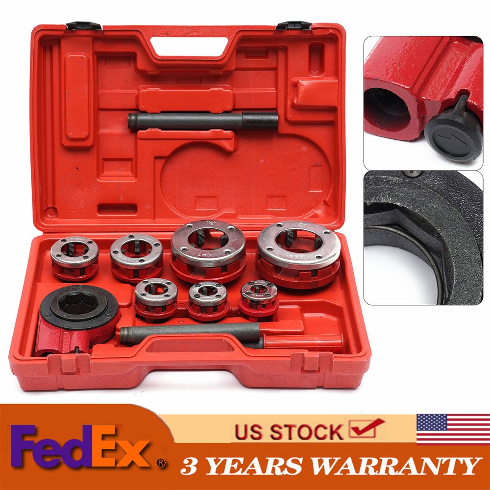 7 Size(3/8&rdquo;-2&Prime;)Dies Hand Ratchet Pipe Threader Set Plumbing Reversing Knob Tool