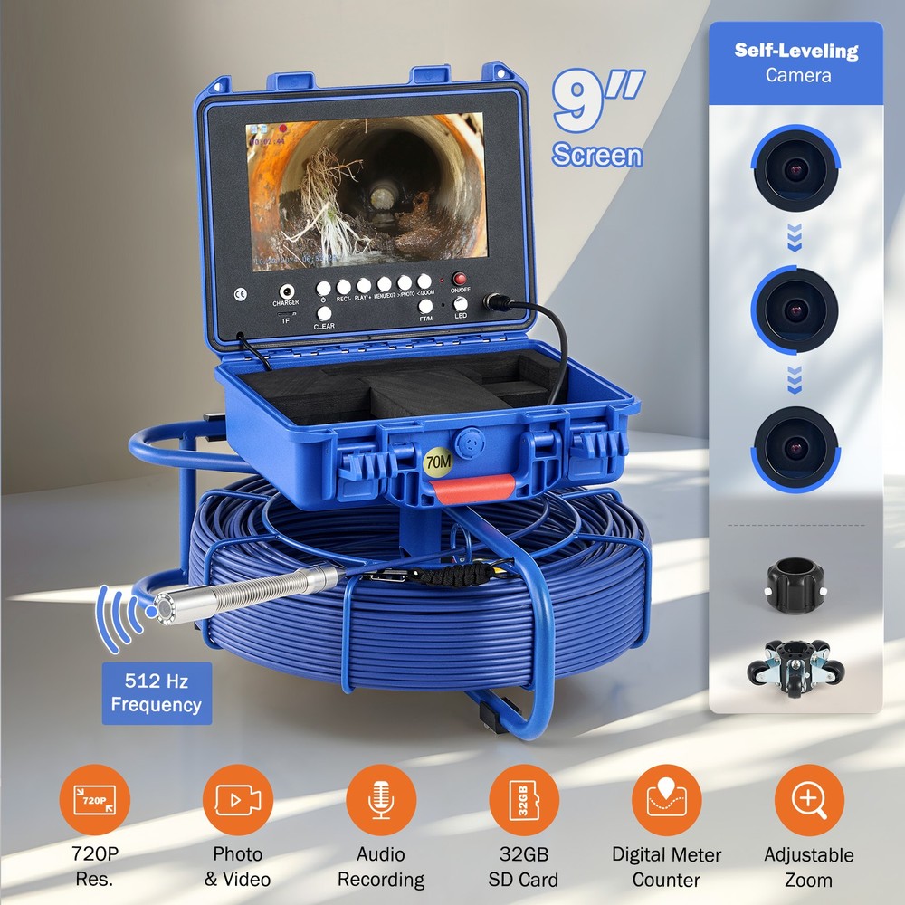 9&Prime; Self-Leveling Sewer Camera w 512Hz 230ft/70m Digital Length Counter 32GB IP68