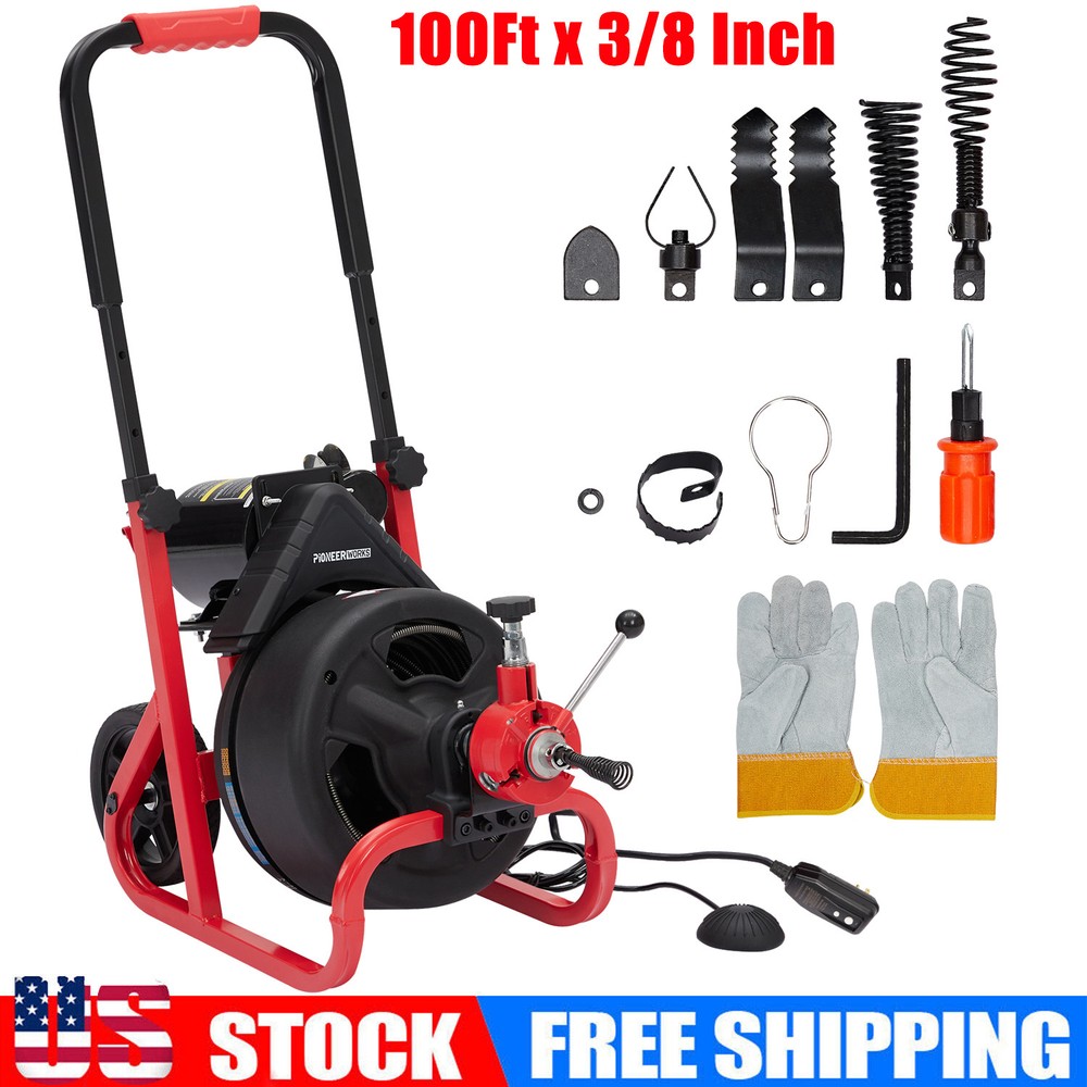 Electric 100&rsquo;x3/8&Prime; Drain Auger Cleaner Machine Auto-feed Sewer Snake w/ Cutters