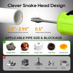 Ublue 21V Cordless Electric Drain Auger, 25Ft Auto Feed Drain Snake for Clog Rem
